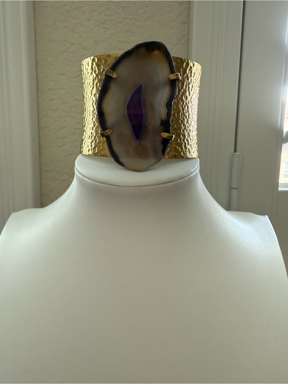 Artisan Gold Hammered Cuff with Purple Agate Center